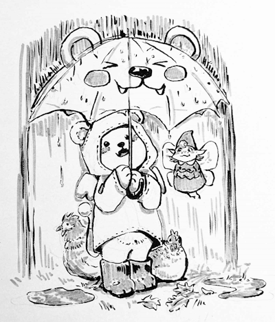 pen drawing of a little creature holding an umbrella, sheltering a fairy and two chickens