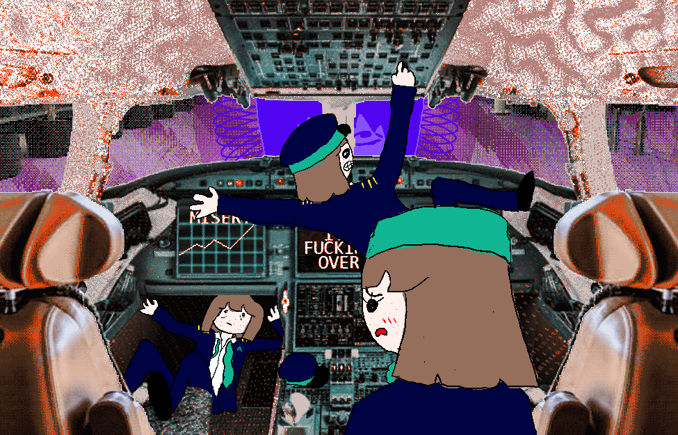 three identical girls in a cockpit panic
