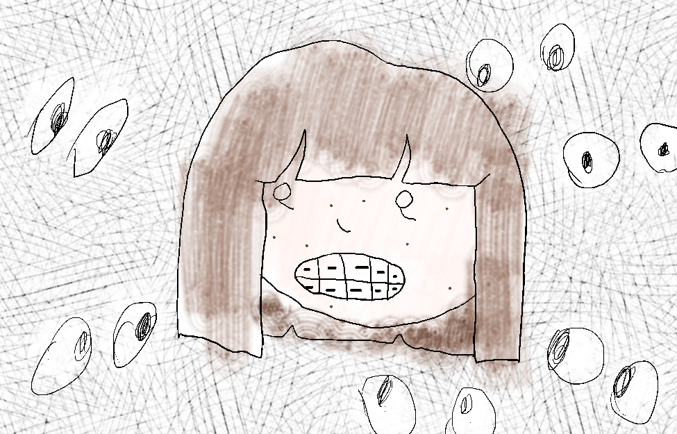 a sketch of a girl loooks back and forth with eyes around her