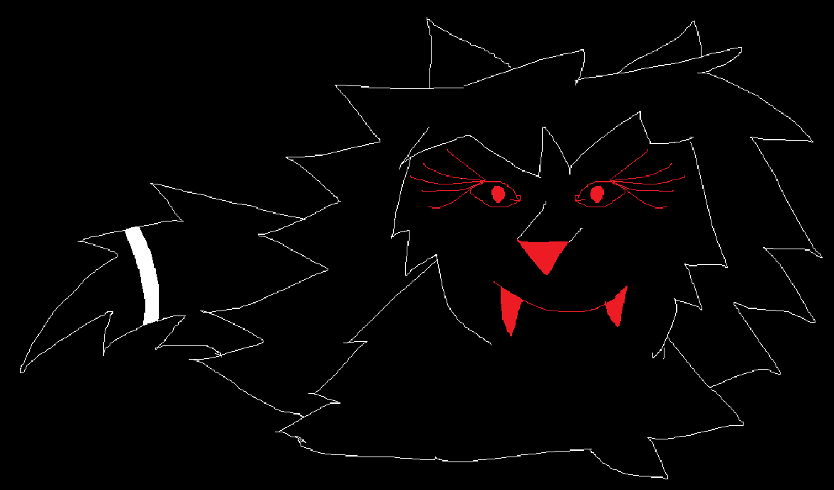 an image drawn in ms paint of black wolf drawn in white with a white ring around its tail, red eyes, a red nose, a red mouth and two red fangs. it has a smiling expression on it's face. there is black fur on its head resembling hair. end id