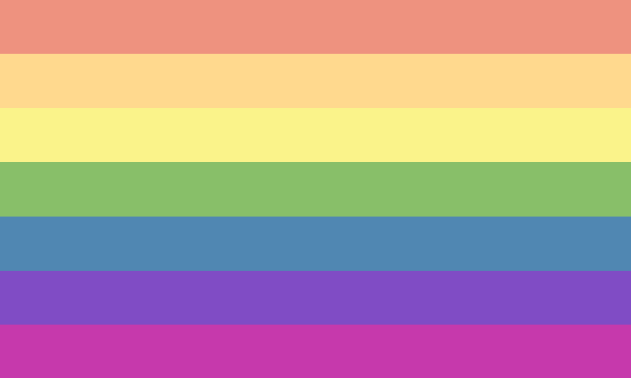 A rectangular flag with seven horizontal stripes mimicking the colours of the rainbow.