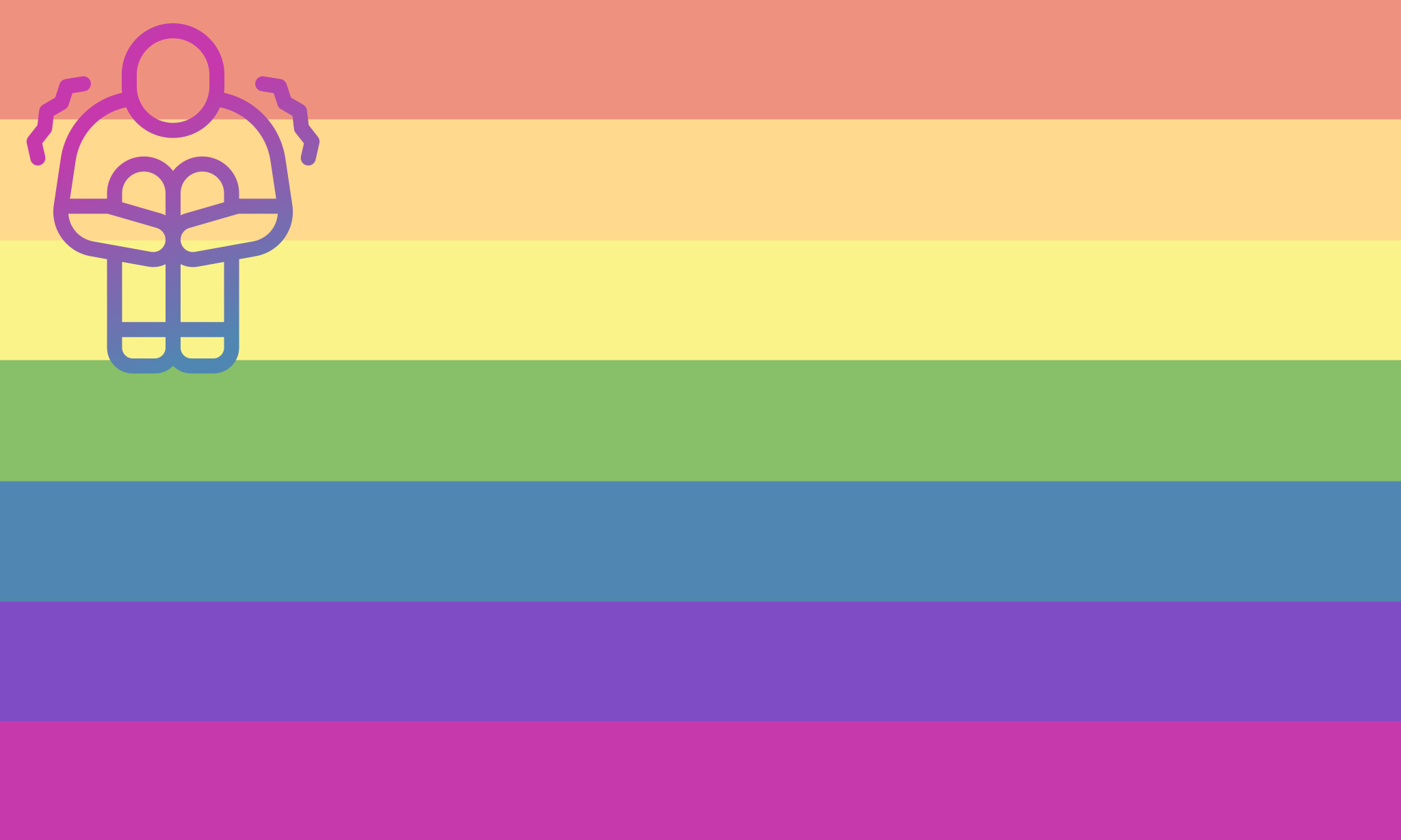 A rectangular flag with seven horizontal stripes mimicking the colours of the rainbow. In the top left there is an icon of a person curled up in a blue and pink gradient.