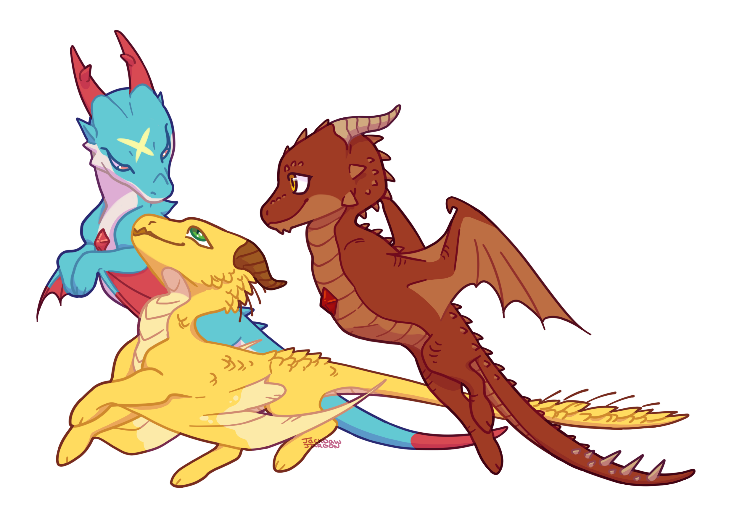 Dracomon x, Stryker and Thorn running together and smiling at one another.