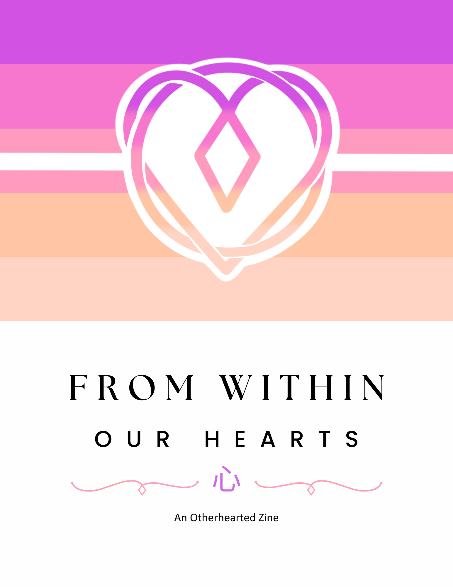 Otherhearted flag design by ill-either-live-or-die-alone. It features stripes in light purple, pink, orange and beige colors with a thin white stripe in the center that runs through a white interlocking circle/heart with a diamond at the center. Symbol designed by aestherians.