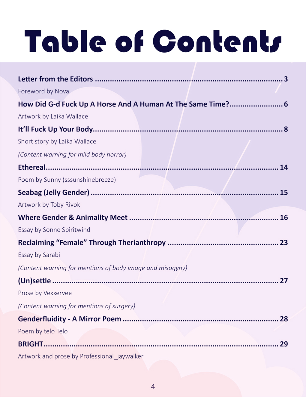 Table of Contents, background is a semi-transparent drawing of a purple sky with pink clouds.