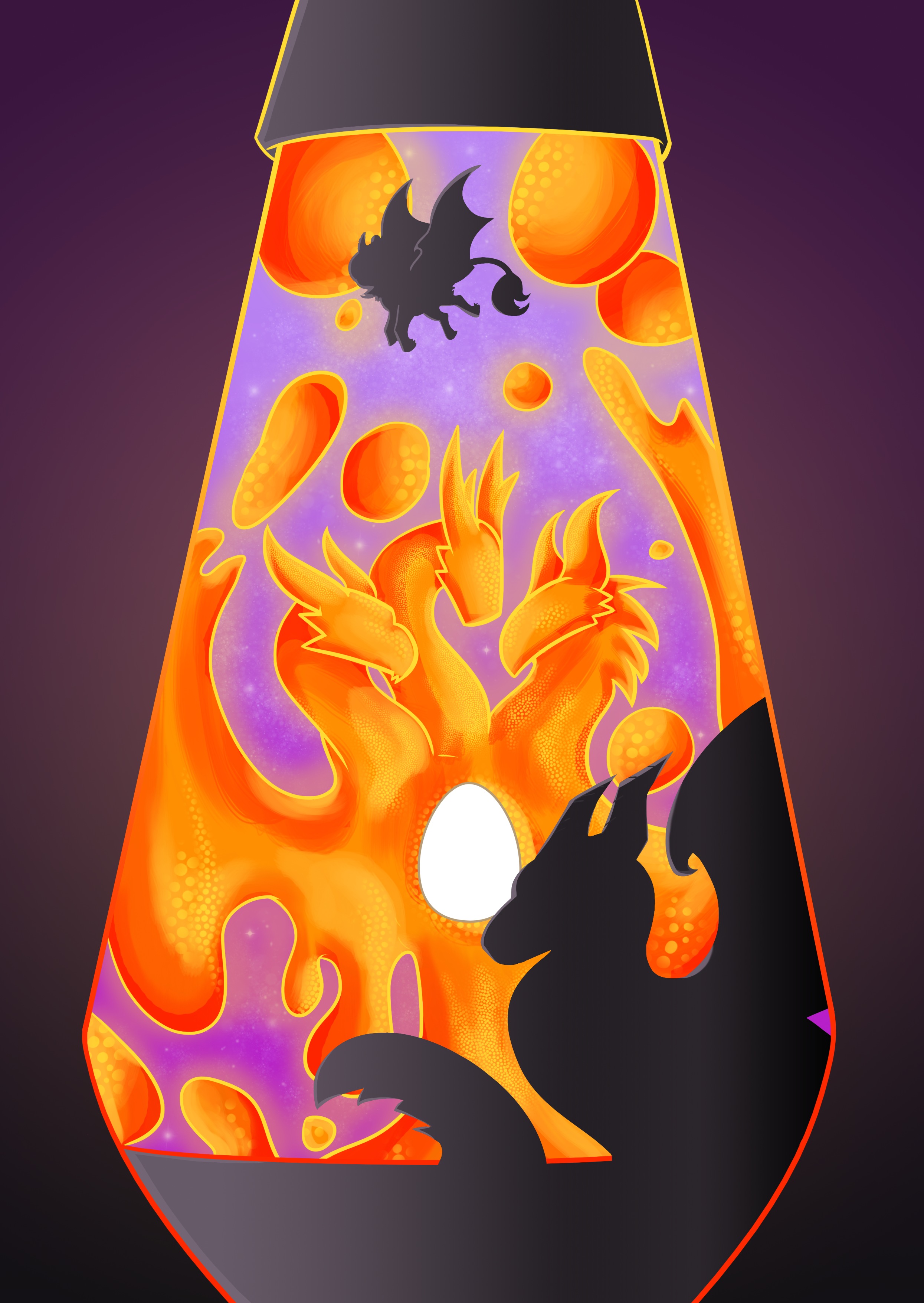 Digital painting of a lava lamp with orange, goopy hydra-shaped lava with an egg at their core inside against a purple background. The base of the lamp is black and has a sitting dragon as part of the base. There's also a matching black alicorn shape further up the lamp towards the top.