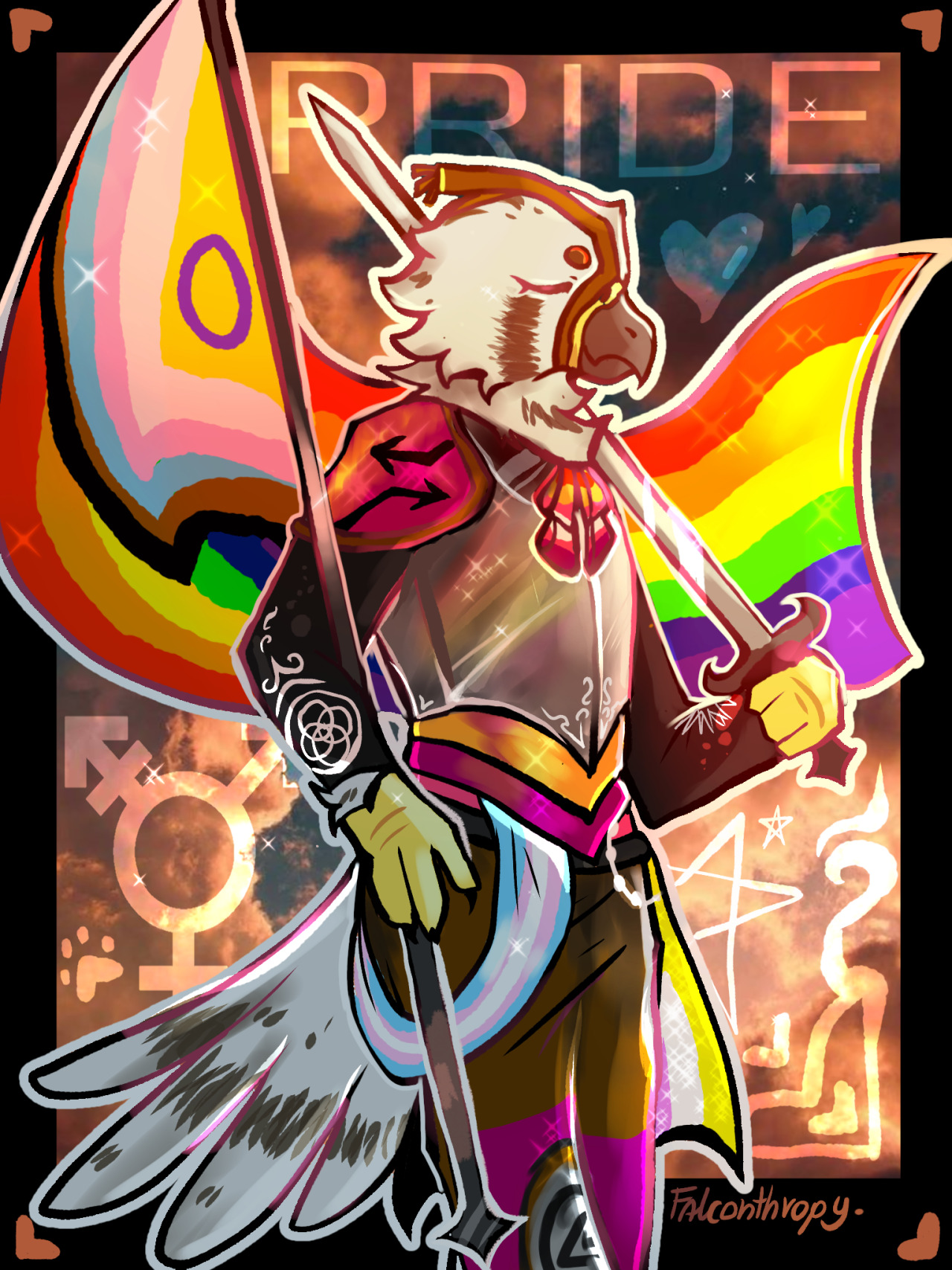 Anthro saker falcon wearing armor and carrying a large inclusive pride flag and a long sword. The shoulder piece has the alt key symbol, and the knee of one of the knight's pants has a theta delta on it. There is also a loop of cloth colored like the trans flag at their hip and a ribbon under their chin colored like the lesbian flag. White line details on their sleeve show the plural symbol on one arm and the otherkin seven-pointed star on the other. The background is a photograph of the sky at sunset with semi-transparent overlays of the trans symbol, stars, a paw print, hearts and the word pride. Artist signature: falconthropy.