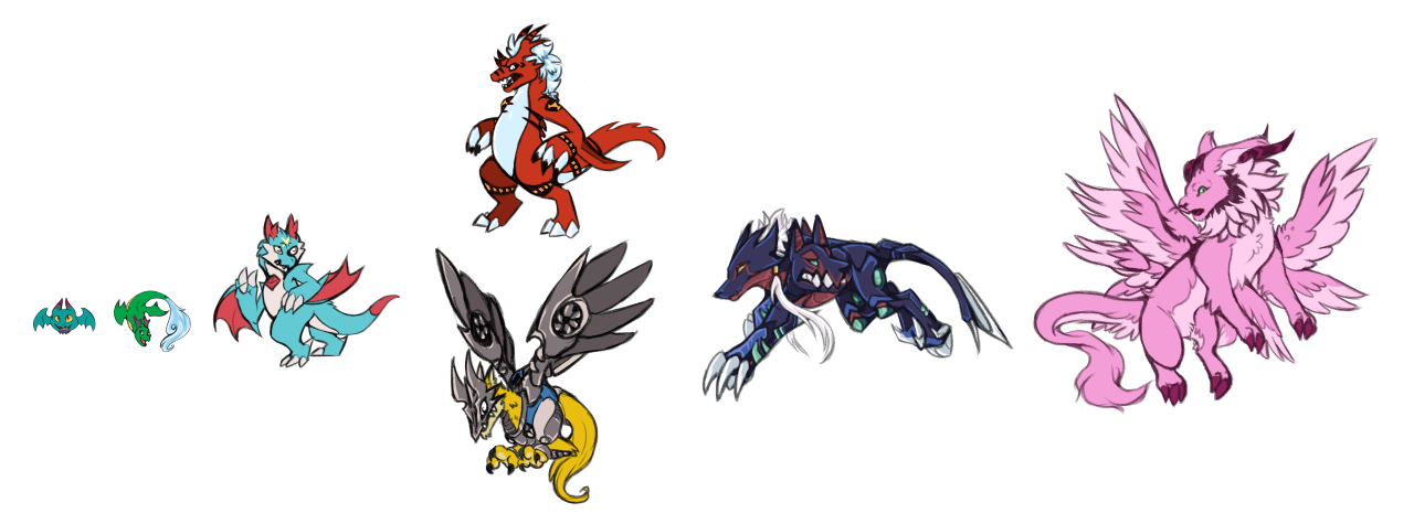 Colored sketches of: Petitmon, babydramon, dracomon x, growlmon x, raptordramon, cerberumon x, holydramon x and examon x