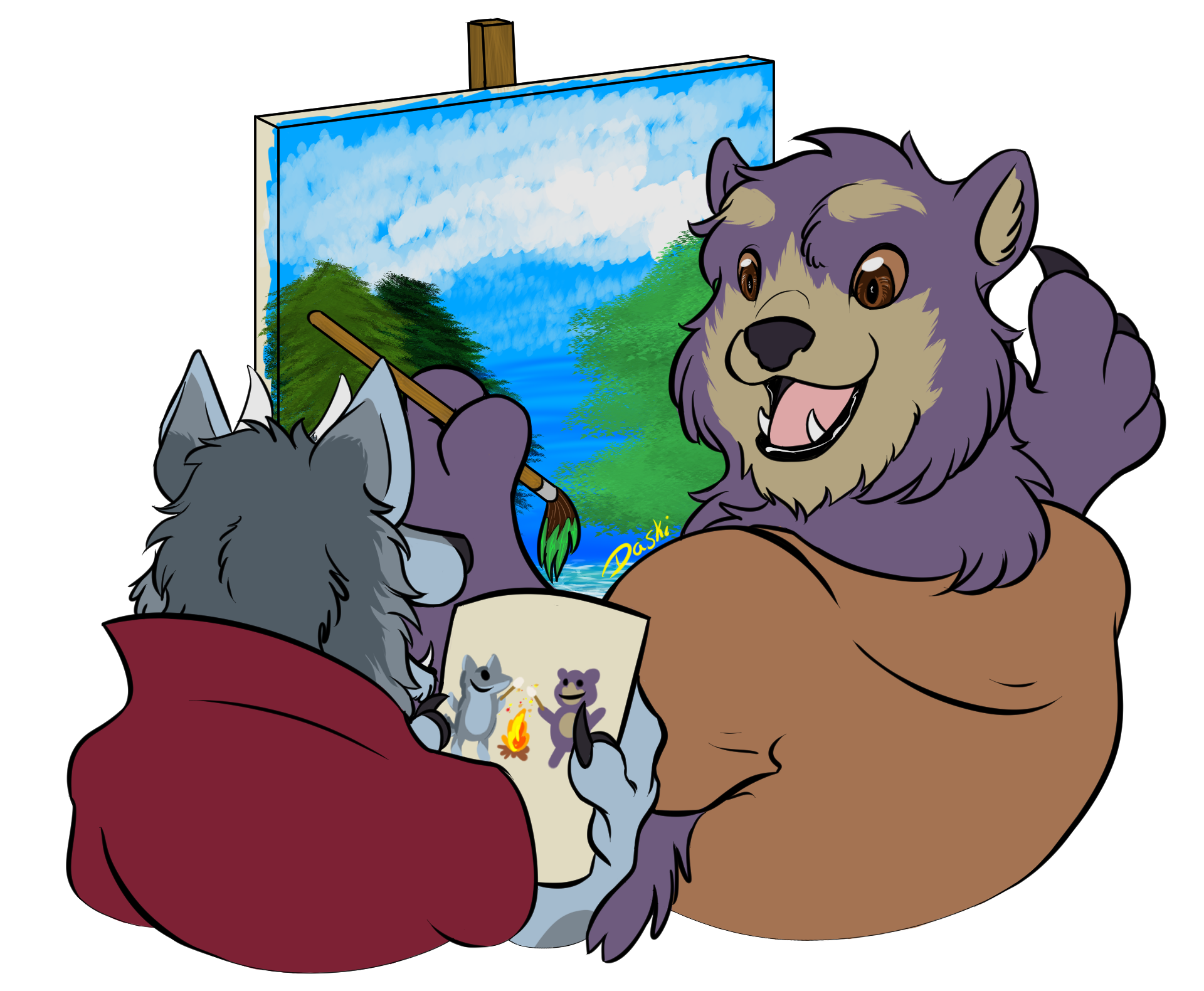 Chamomile the bear looking away from her landscape painting as Hunter the demon werewolf walks over to show her their stick-figure drawings of the two of them roasting marshmallows.