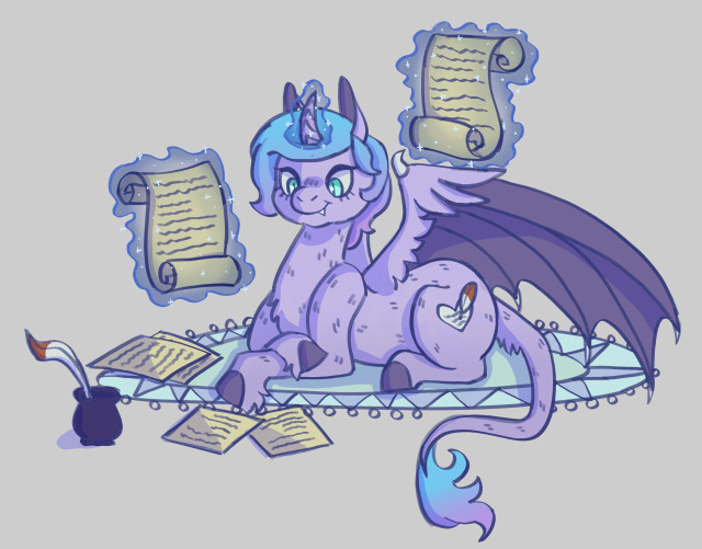 Isabell the draconic alicorn laying down on a rug and looking through various scrolls.