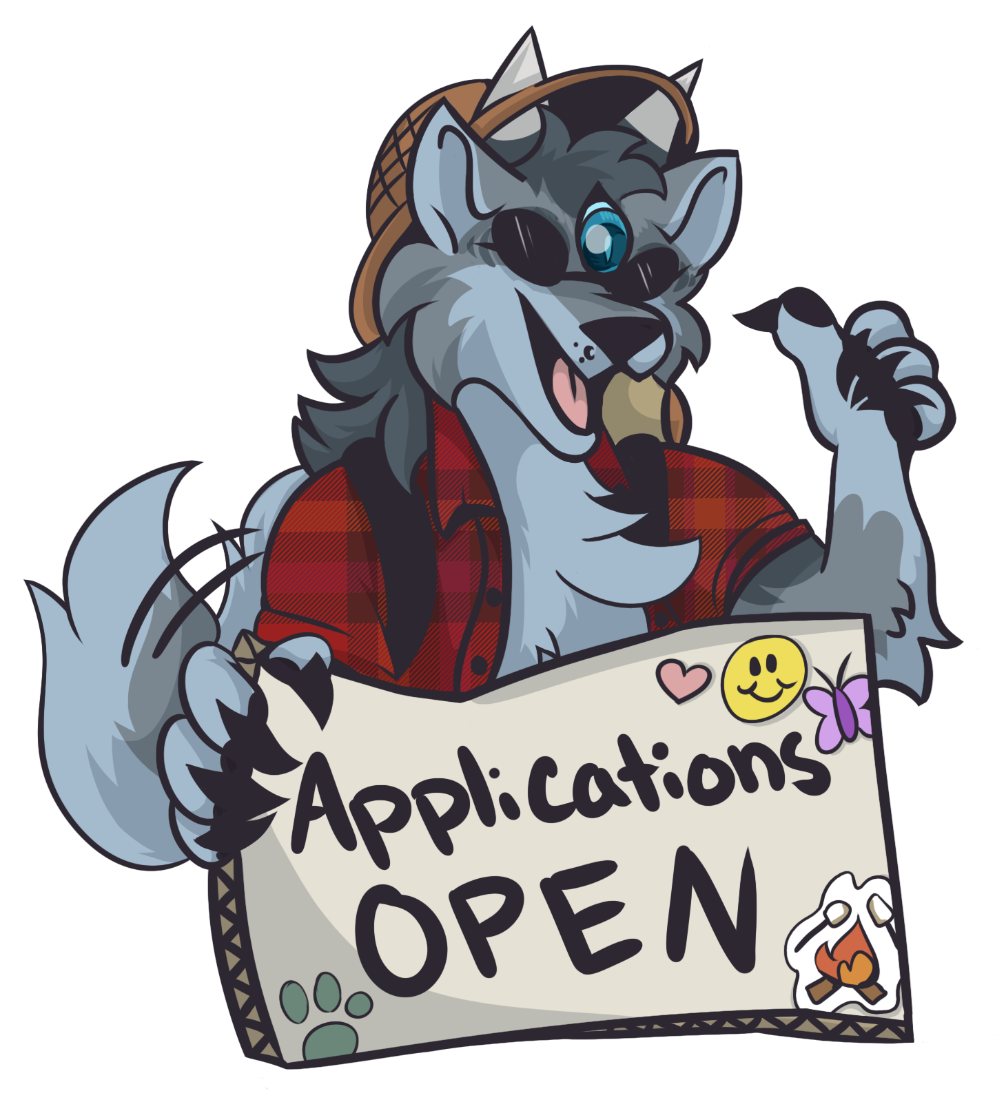 Hunter the werewolf holding a sign that reads: applications open.