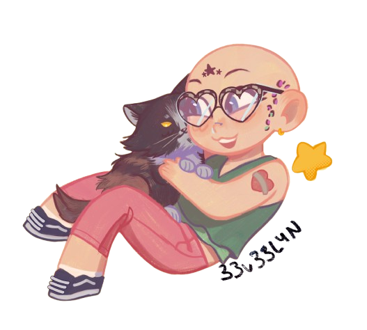 a cute full body pagedoll drawing of me a bald white feminine individual with heart shaped glasses and face tattoos cuddling a black and white longhaired cat