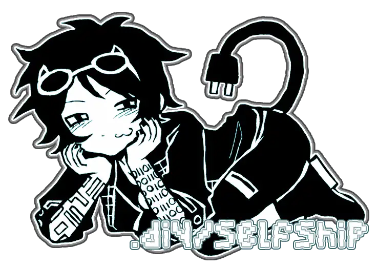 a picture of mac from the game date everything. it is mainly black and white with small hints of blue. there is text that reads '.diy/selfship' in the bottom right corner.