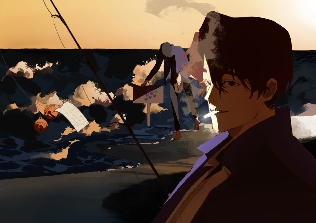 Agent Choi looking at the camera with a cigarette in his mouth. Agent Bronze is fixing up a sign in the background.