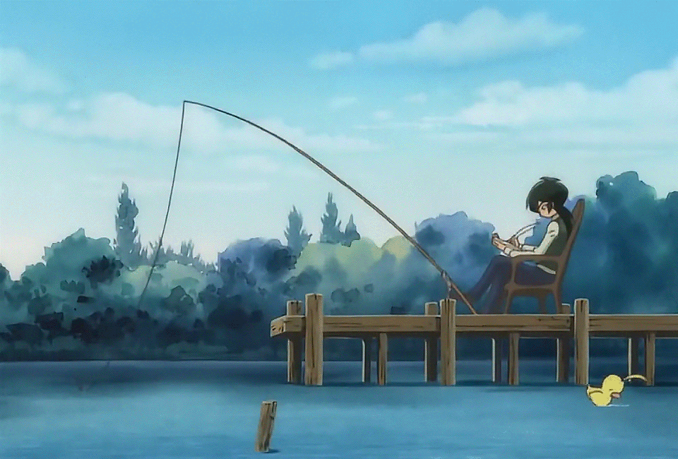 an animated gif of the final shot from the princess tutu anime. the boy is sitting at a pier writing in a book while the duck floats around in the water. there is a fishing rod set up in the water, as well as a forest in the background.