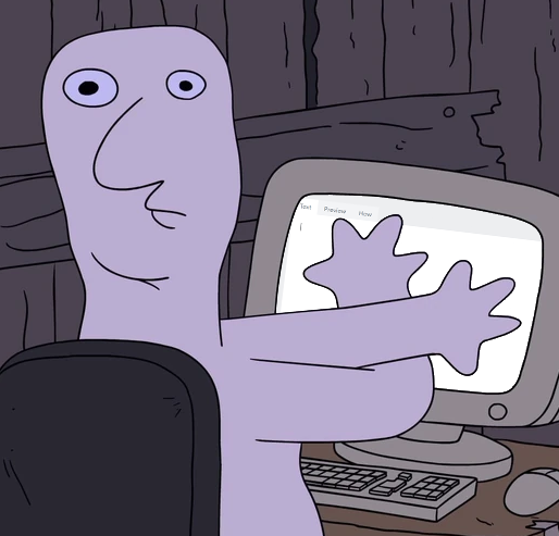A screenshot of the show "Smiling Friends" from a scene where a strange man is caught living in the walls. He is suspiciously covering up his computer screen which has been edited to contain an empty Rentry page.