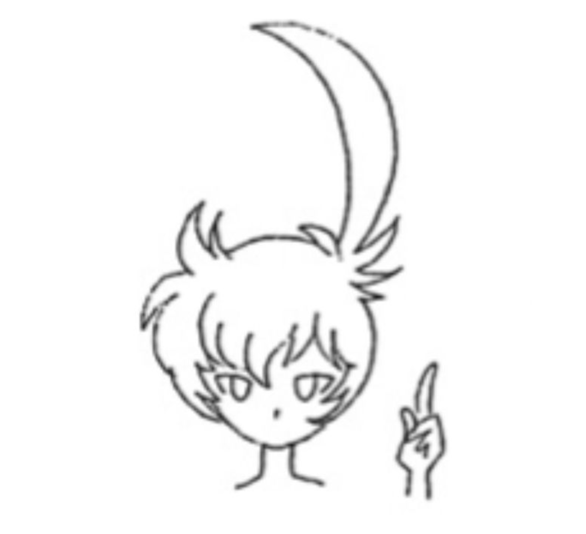 A simple concept drawing of Princess Kraehe pointing up with her left hand with a blank expression. It only features her head and hand.