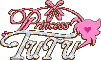 the english logo for the anime "Princess Tutu" outlined in brown and edited to be pixelated. the word 'princess' and the silhouette on the right side are pink, while the word 'tutu' has a light blue plaid pattern. there is also a heart in the head of the character silhouette, blinking between a dark pink and white.