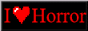 a black button that says "i love horror" in red. the word "love" is represented by a heart.