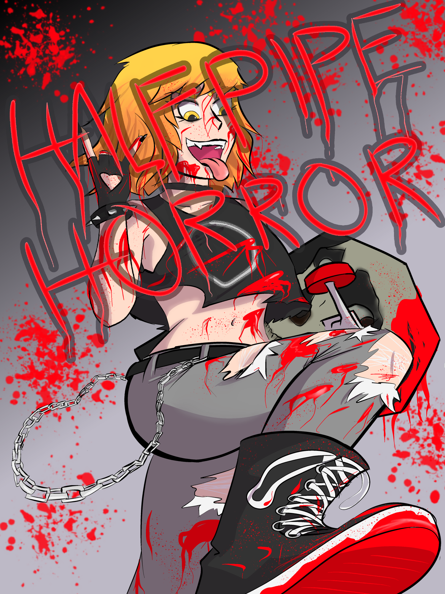 a poster splatered in blood with a woman holding a skateboard. 'Half Pipe Horror' is written in blood in front of her.