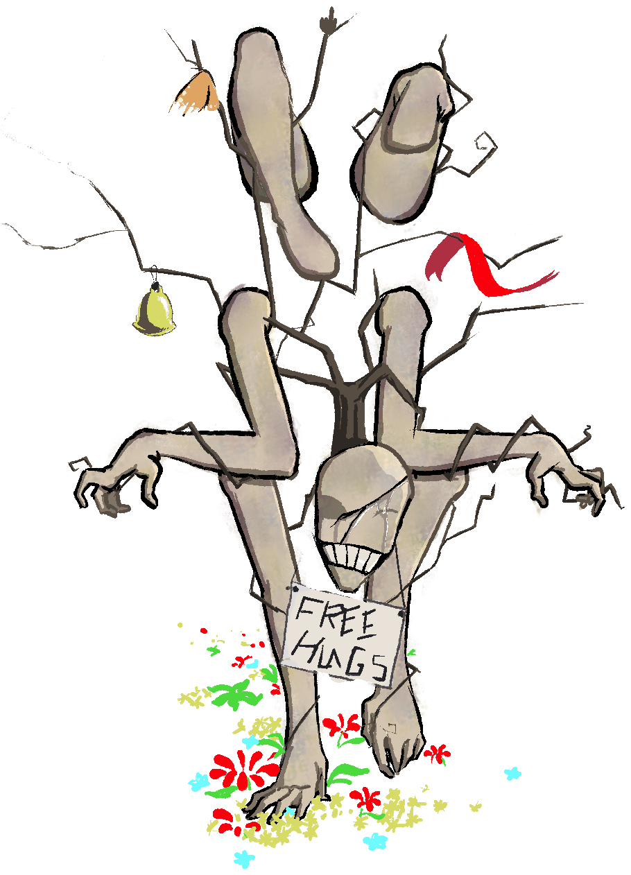 A creature with all its limbs suspended from vines with a large grin. A sign hangs around its neck which says 'free hugs'
