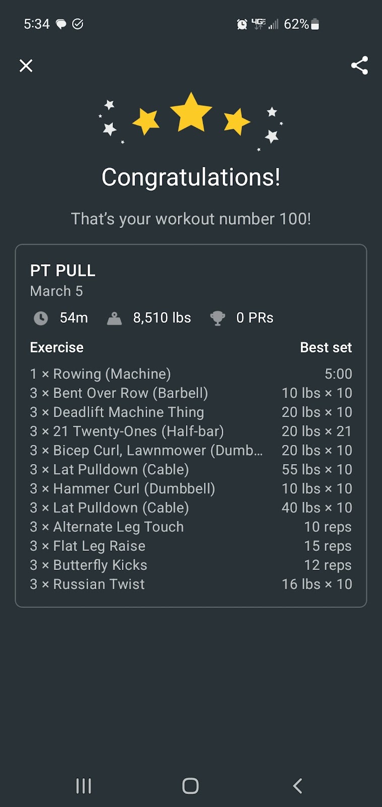 Screenshot of my app Strong, showing I've hit workout number 100.