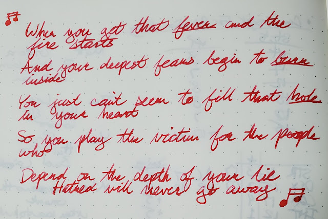 Writing sample of song lyrics.