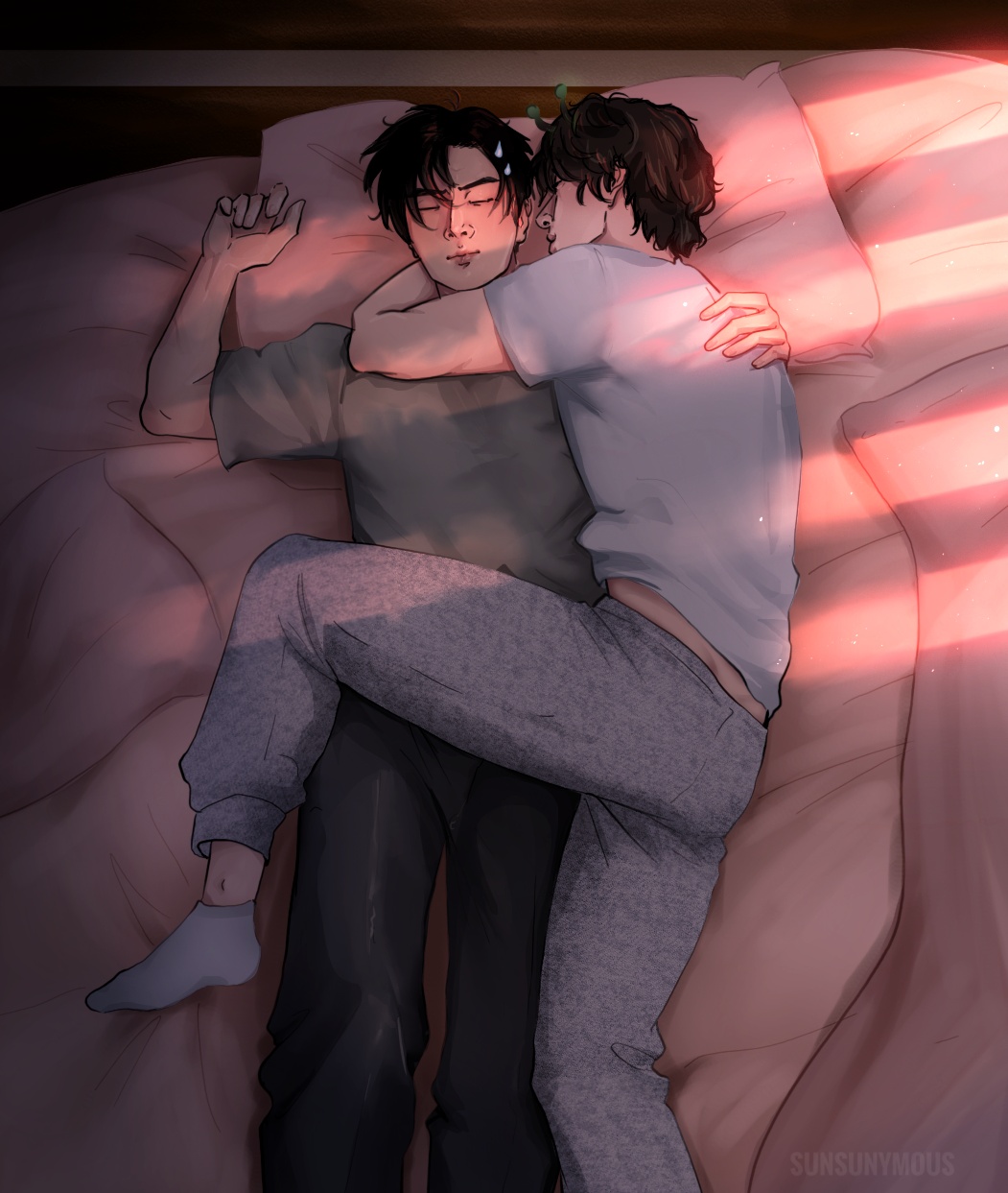 Image of Jake spooning Jay, his leg wrapped around Jay's waist and arm around his neck