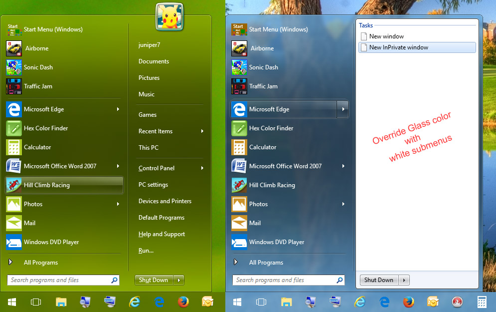 windows 7 start menus in green & blue but with a fully aero glass theme, glass blur, and the option of a white submenu