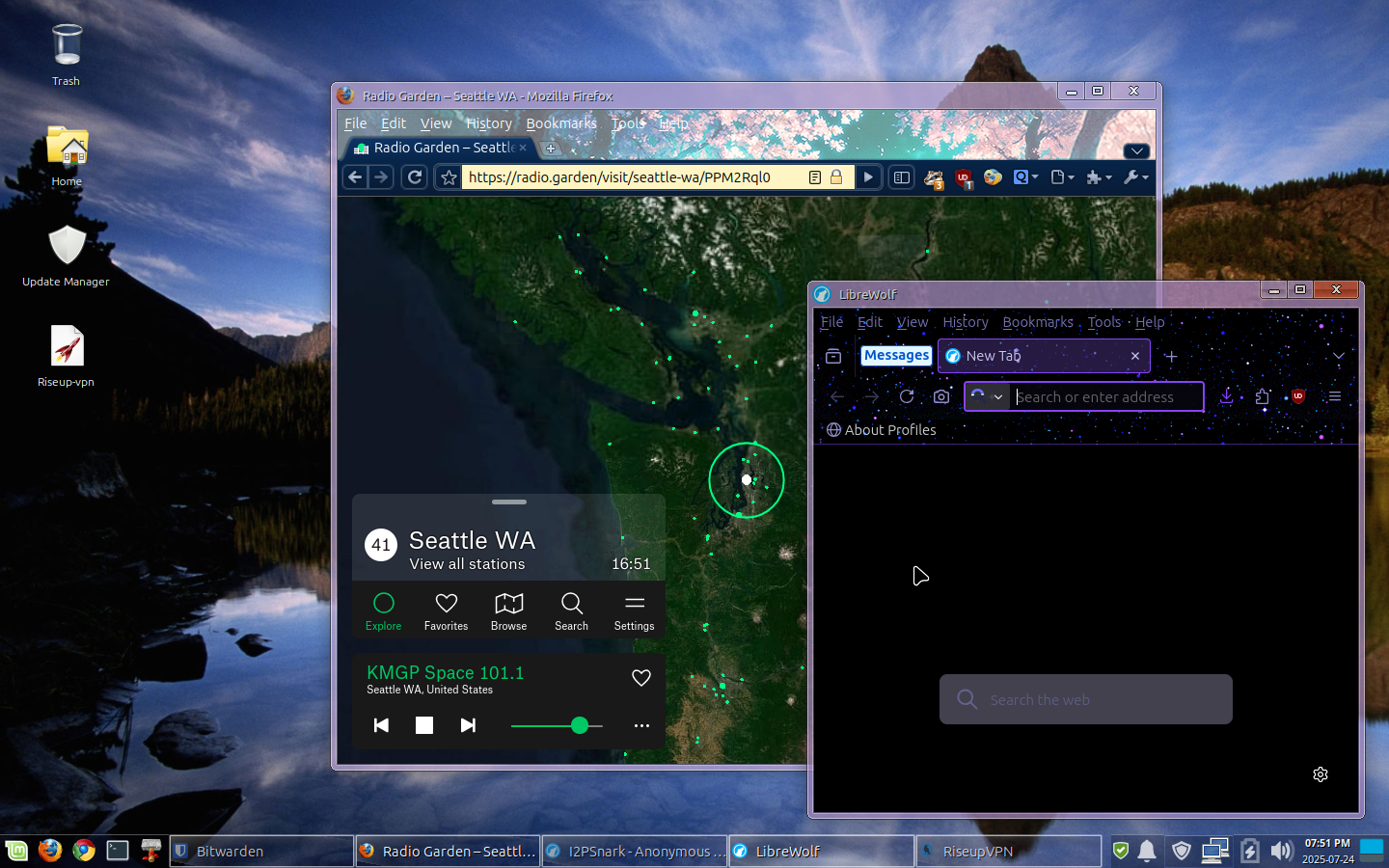 a desktop layout based vaguely on windows 7, with the oxylite icon pack, a purple glass titlebar, a glass/transparent taskbar, and a firefox browser with the old chrome tabs/icons & an animated sakura tree theme