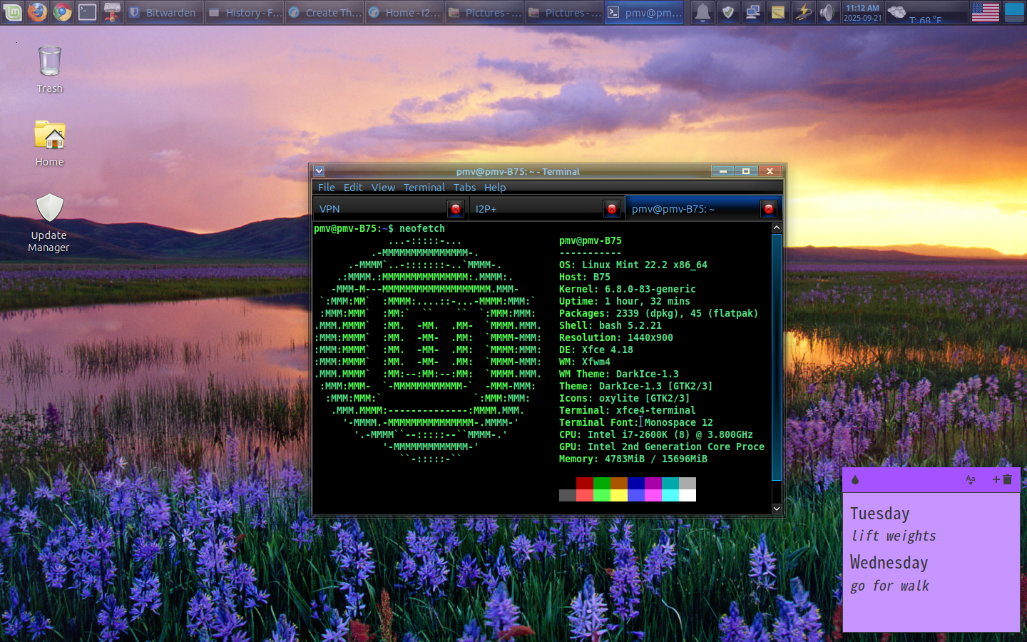 a neofetch command ran in a terminal with tabs for proxies, de listed as xfce 4.18, wm listed as xfwm4, theme listed as dark ice-1.3 [gtk 2/3], icon pack listed as oxylite [gtk2/3]. there's also a sticky note on the bottom right corner listing scheduled tasks for the week
