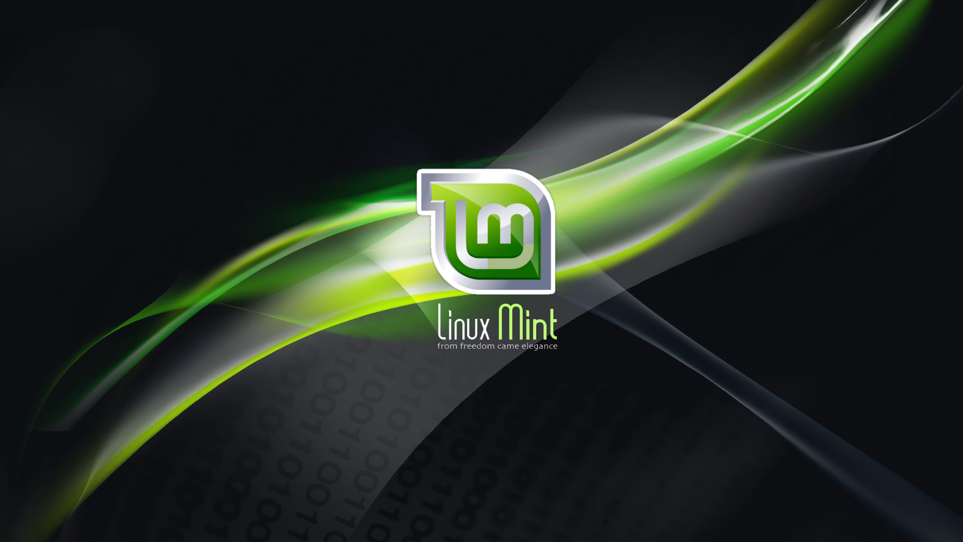 green & silver light rays coming from the linux mint logo against a black background, against the phrase "from freedom comes elegance"