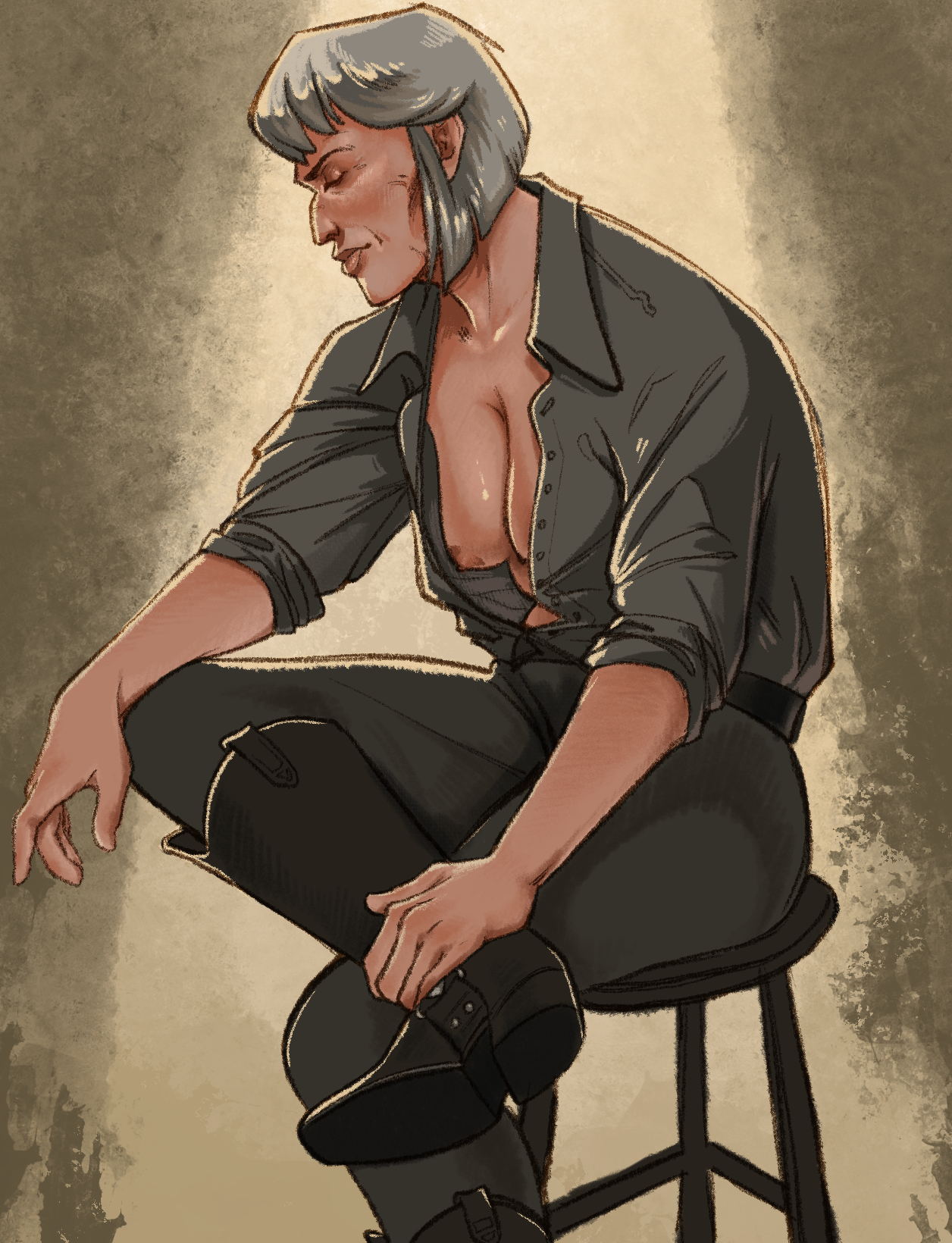 Megatron Gijinka contemplating on a stool