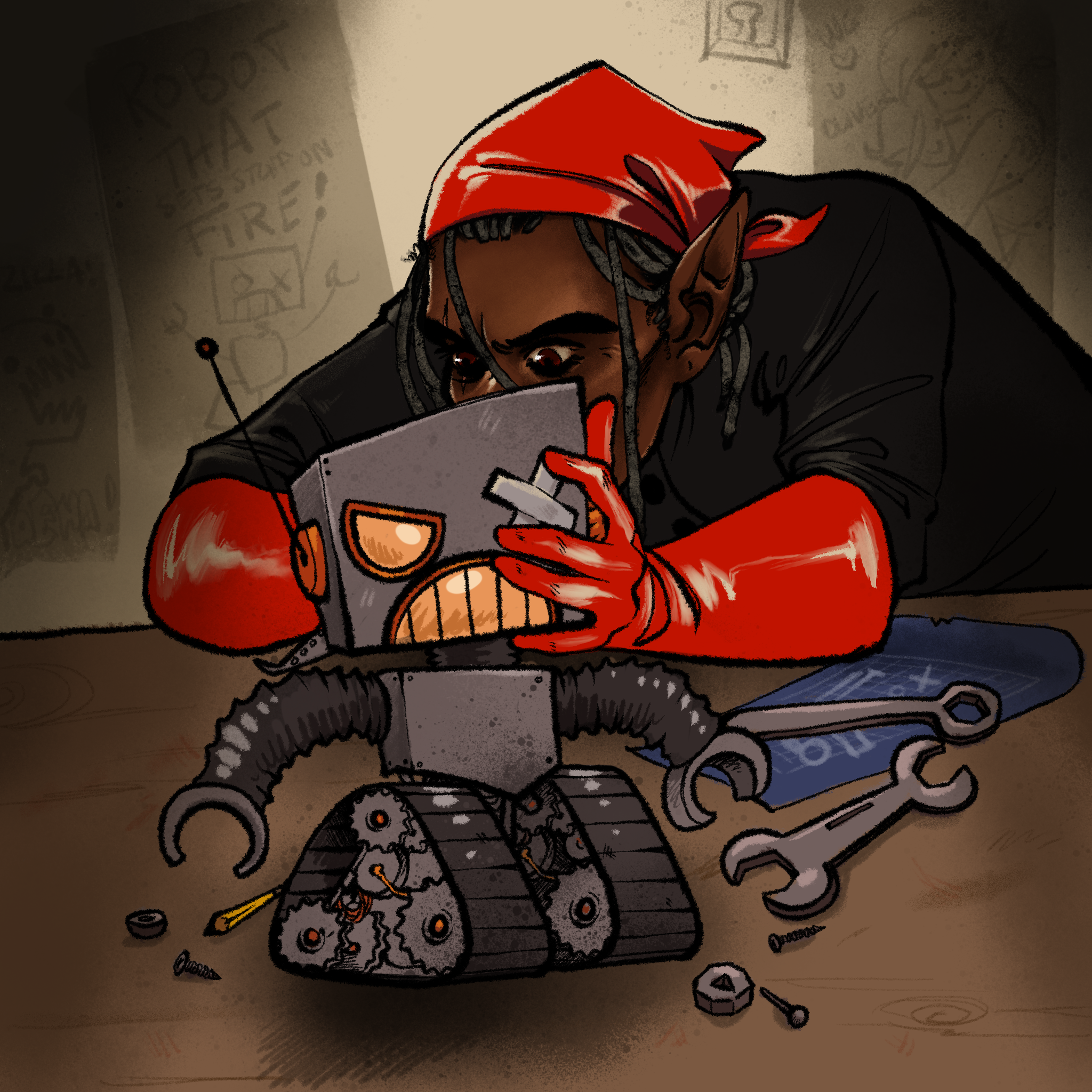 Oliver working on the Robot that Sets Stuff on Fire