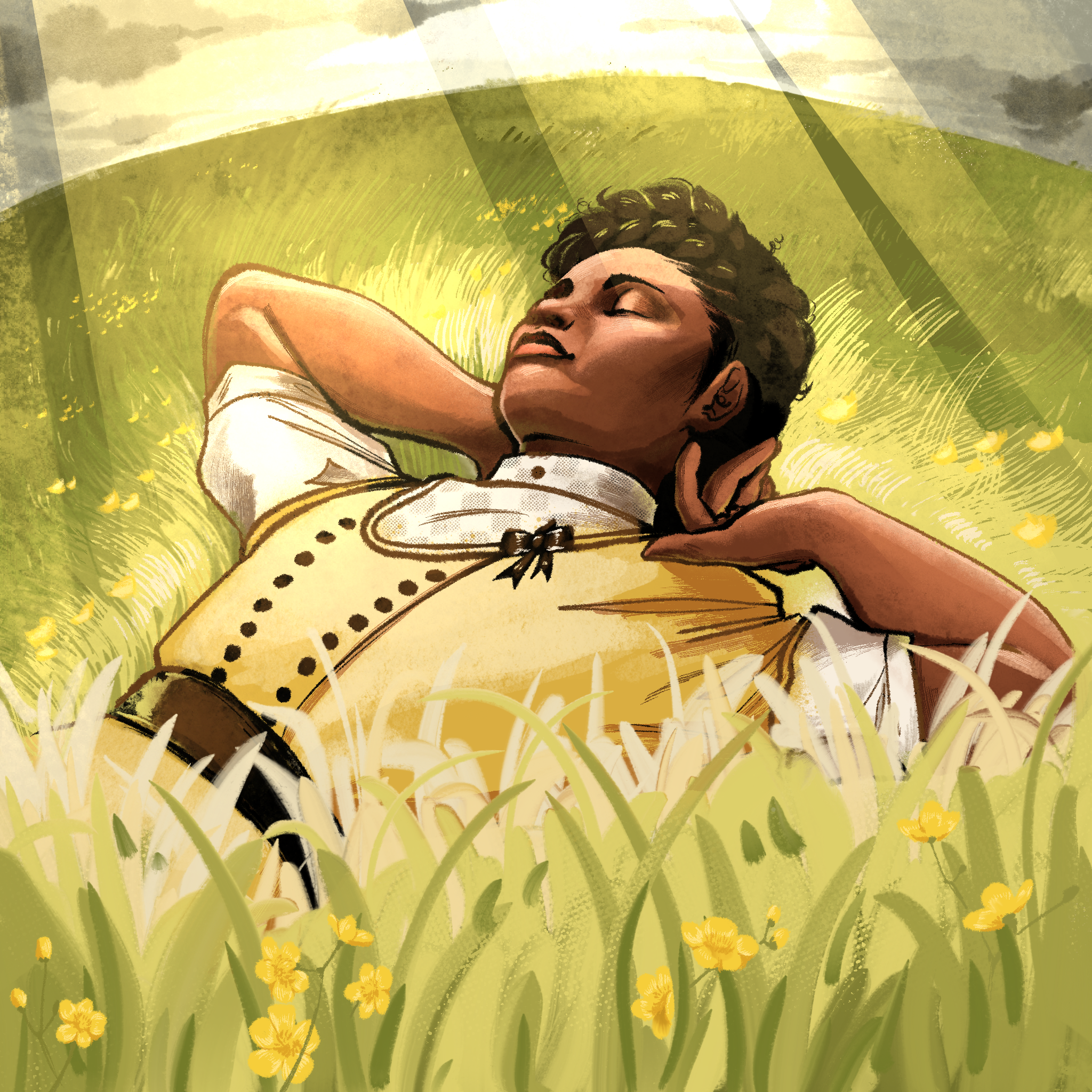Tilly Jackson chillin in a field of grass and buttercups
