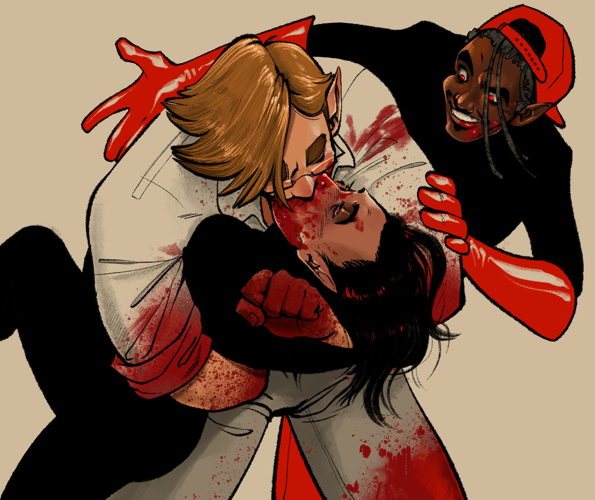 Salieri and Skrilliant sharing a bloody kiss, with Oliver hyping them up