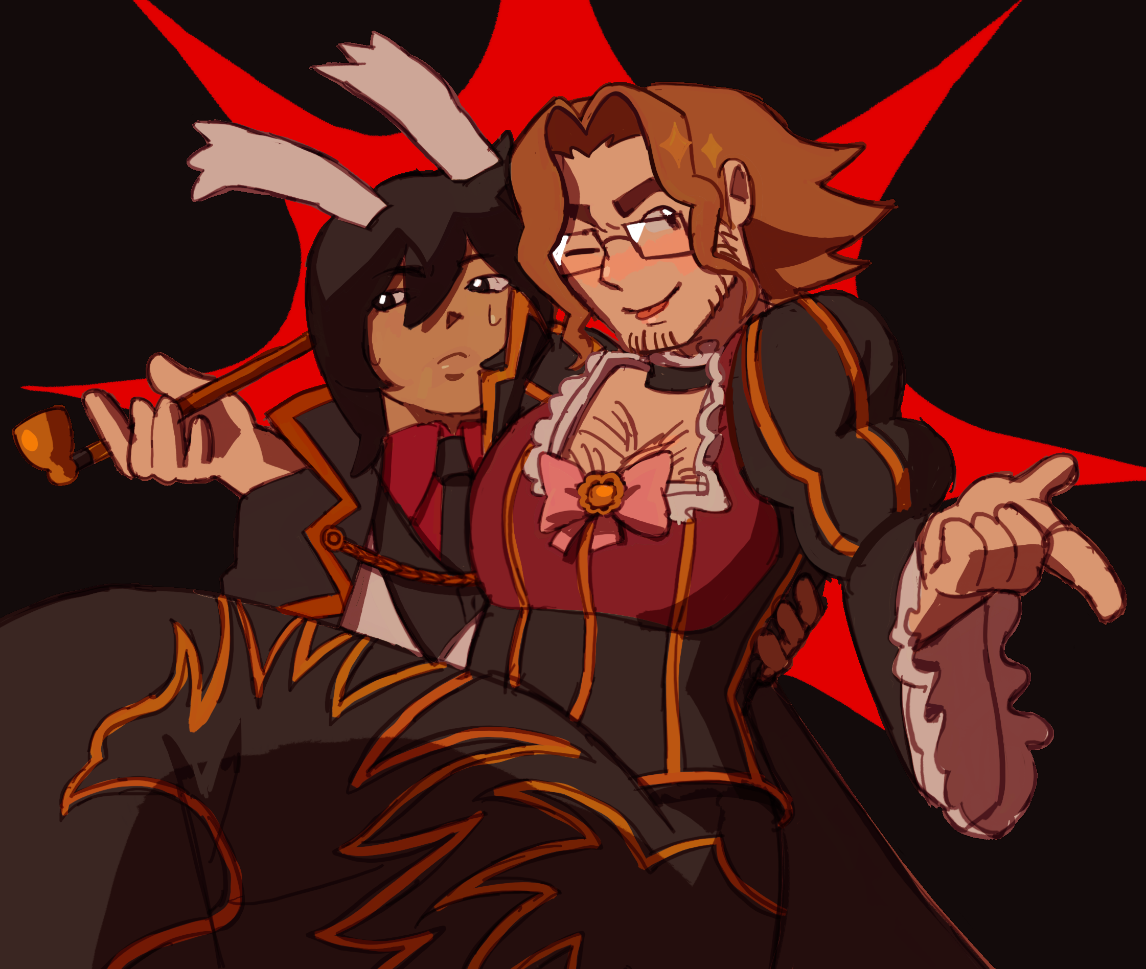 A drawing of Hoss and Kairo as Beatrice and Battler from Umineko.