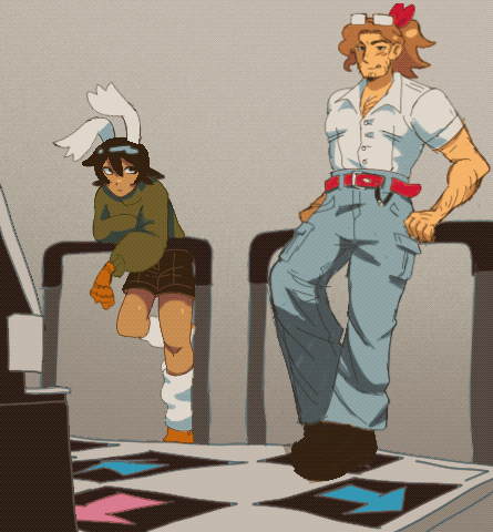 A drawing of Hoss playing DDR as Kairo watches.