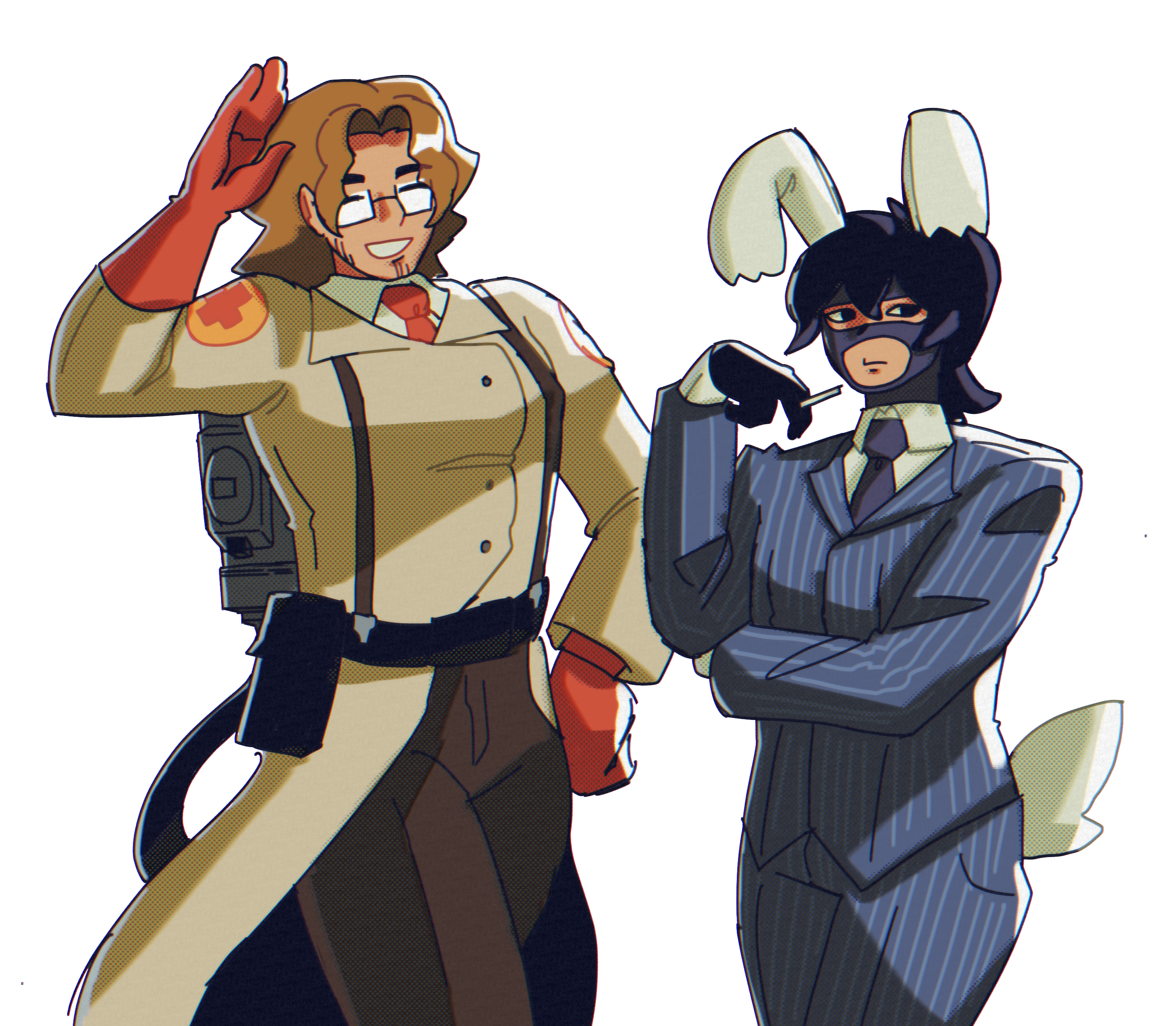 A drawing of Hoss and Kairo and Medic and Spy from TF2.