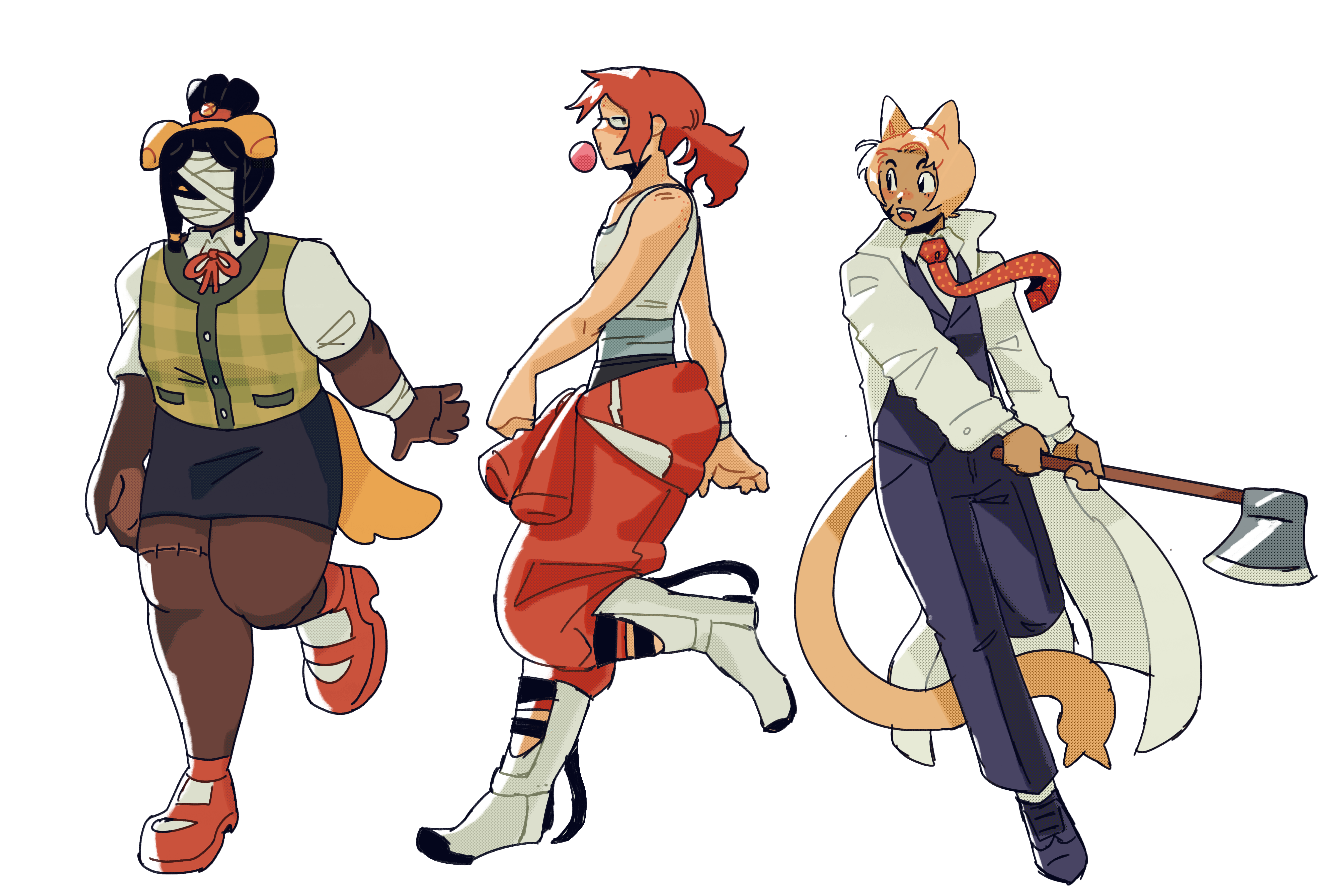 A drawing of Pasi as Isabelle from Animal Crossing, Penny as Chell from Portal, and Piero as Patrick Bateman from American Psycho.