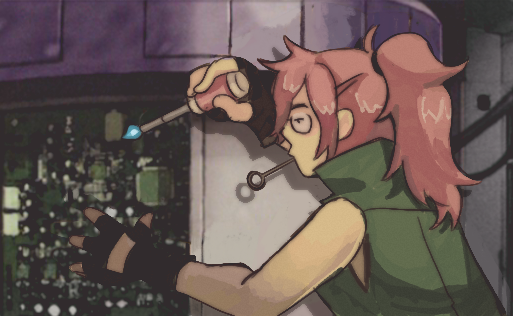 A drawing of Penny over Pokemon TCG art of Barry.