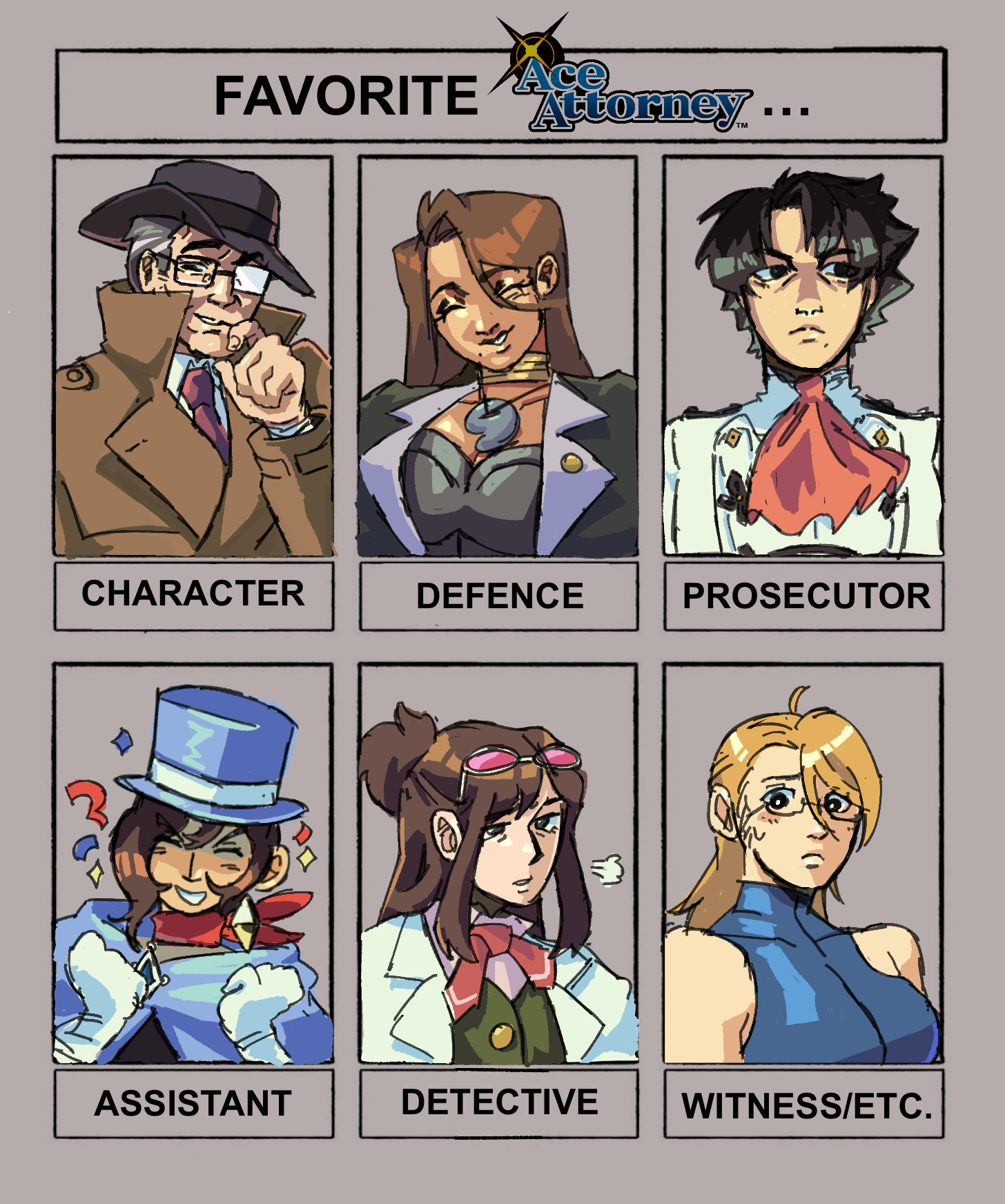 A drawing of various Ace Attorney characters on a in a 'favorite characters' template'.