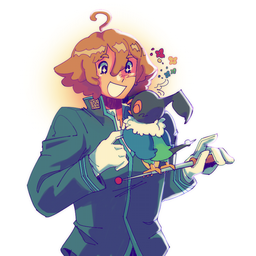 A drawing of Sebastian Debeste with Chatot.