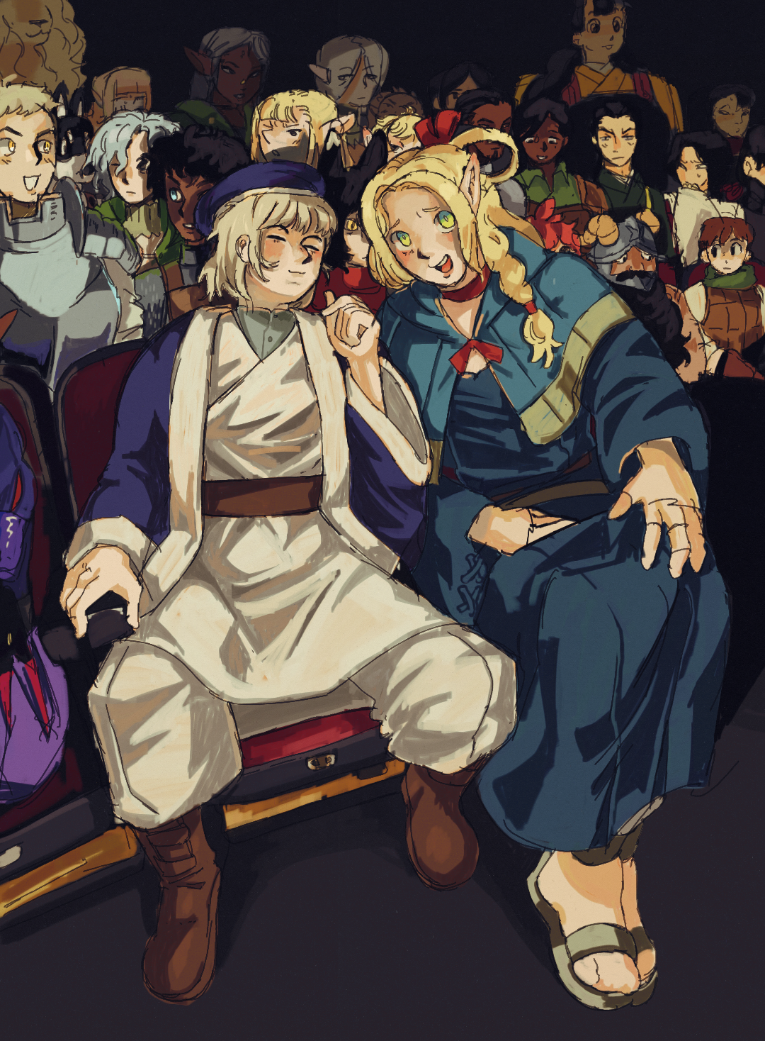 A drawing of Falin Touden and Marcille Donato over the 'pussy facing the world' meme.