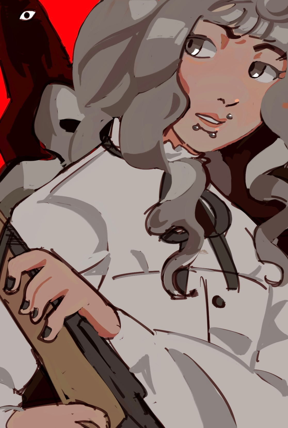 A drawing of Marina Domek, with the silhouette of Samarie in the background.