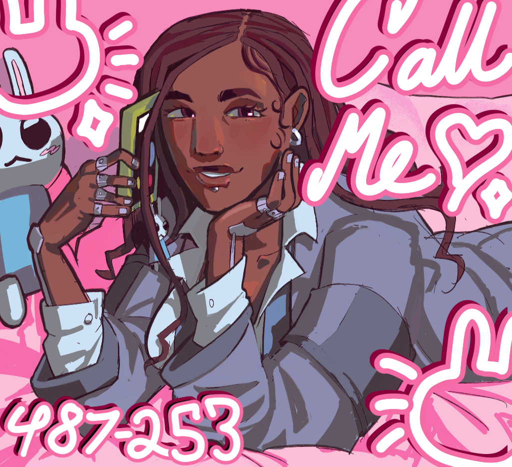 A drawing of Adelaide Han lounging with a phone to her ear.