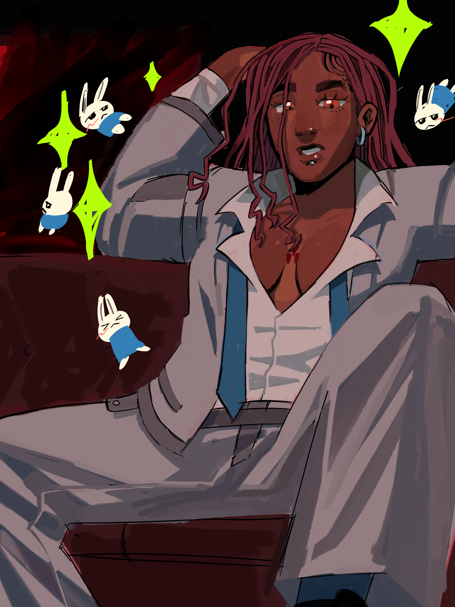 A drawing of Adelaide Han leaning back on a chair.