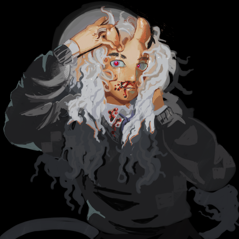 A drawing of lucaninae's oc, Tyo, looking crazed at the camera.