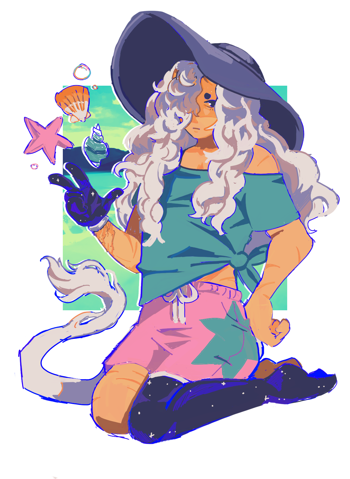 A drawing of lucaninae's oc, Tyo, in a beachy outfit.