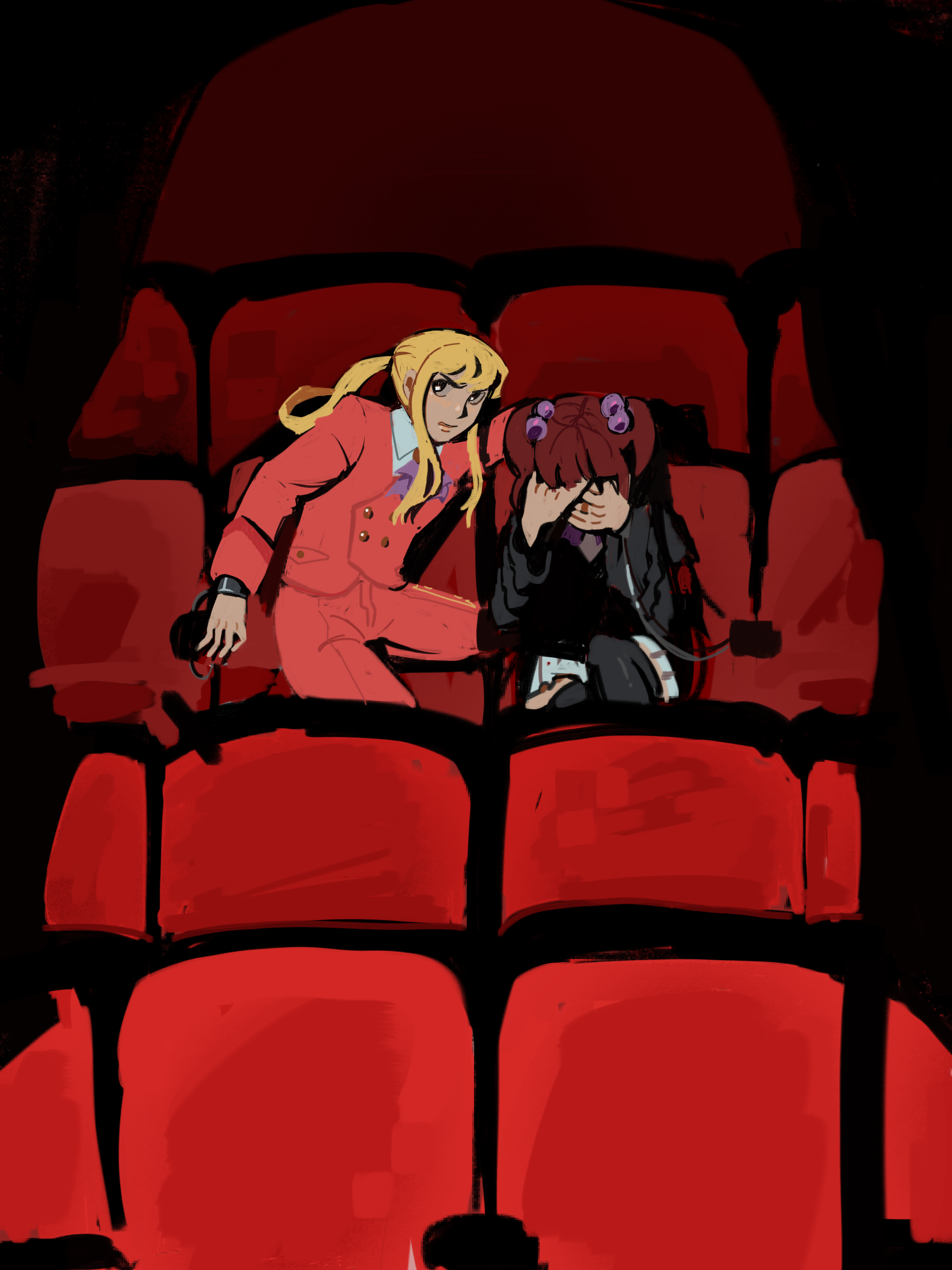 A drawing of a scene from Episode 7 of Umineko, where Ushiromiya Lion and Ushiromiya Ange are in a theatre.